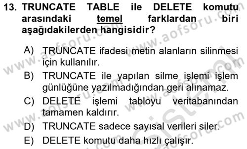 Veritabanı Sistemleri Dersi 2025 - 2026 Yılı (Final) Dönem Sonu Sınav Soruları 13. Soru