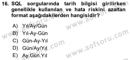 Veritabanı Sistemleri Dersi 2025 - 2026 Yılı (Final) Dönem Sonu Sınav Soruları 16. Soru