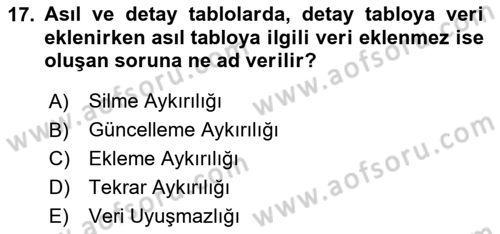 Veritabanı Sistemleri Dersi 2025 - 2026 Yılı (Final) Dönem Sonu Sınav Soruları 17. Soru