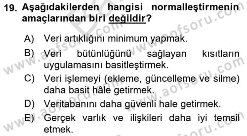 Veritabanı Sistemleri Dersi 2025 - 2026 Yılı (Final) Dönem Sonu Sınav Soruları 19. Soru
