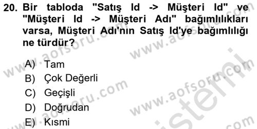 Veritabanı Sistemleri Dersi 2025 - 2026 Yılı (Final) Dönem Sonu Sınav Soruları 20. Soru