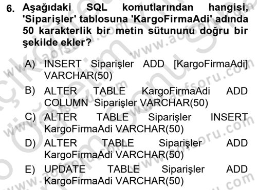Veritabanı Sistemleri Dersi 2025 - 2026 Yılı (Final) Dönem Sonu Sınav Soruları 6. Soru