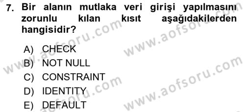 Veritabanı Sistemleri Dersi 2025 - 2026 Yılı (Final) Dönem Sonu Sınav Soruları 7. Soru
