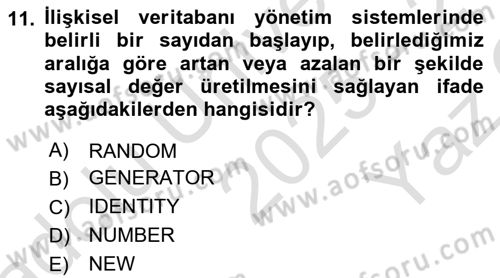 Veritabanı Sistemleri Dersi 2025 - 2026 Yılı Yaz Okulu Sınav Soruları 11. Soru