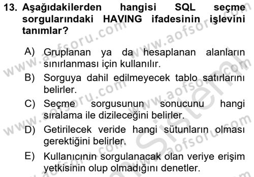 Veritabanı Sistemleri Dersi 2025 - 2026 Yılı Yaz Okulu Sınav Soruları 13. Soru