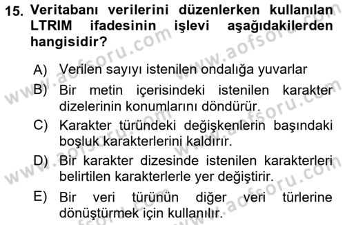 Veritabanı Sistemleri Dersi 2025 - 2026 Yılı Yaz Okulu Sınav Soruları 15. Soru