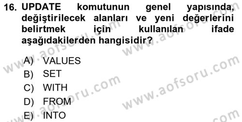 Veritabanı Sistemleri Dersi 2025 - 2026 Yılı Yaz Okulu Sınav Soruları 16. Soru