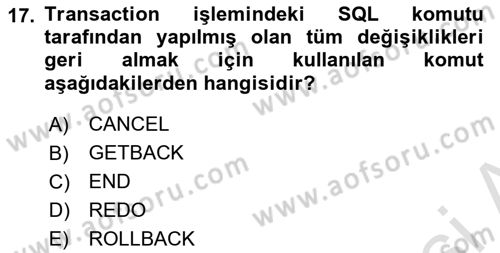 Veritabanı Sistemleri Dersi 2025 - 2026 Yılı Yaz Okulu Sınav Soruları 17. Soru