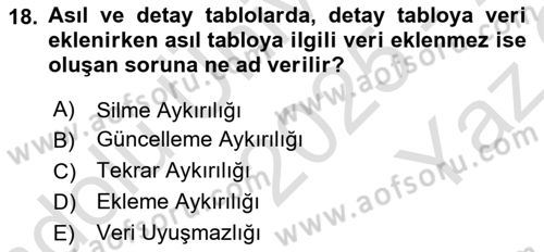 Veritabanı Sistemleri Dersi 2025 - 2026 Yılı Yaz Okulu Sınav Soruları 18. Soru