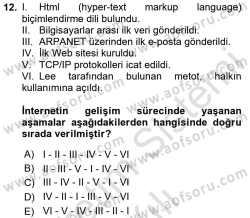 Bilişim Sistemleri Dersi 2020 - 2021 Yılı Yaz Okulu Sınav Soruları 12. Soru