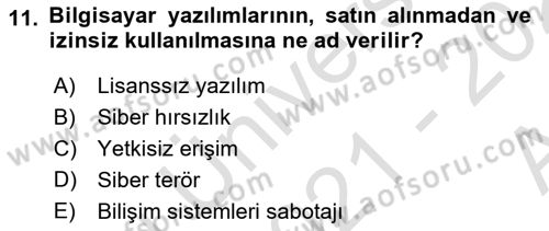 Bilişim Sistemleri Dersi Ara Sınavı Deneme Sınav Soruları 11. Soru