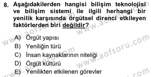 Bilişim Sistemleri Dersi Ara Sınavı Deneme Sınav Soruları 8. Soru
