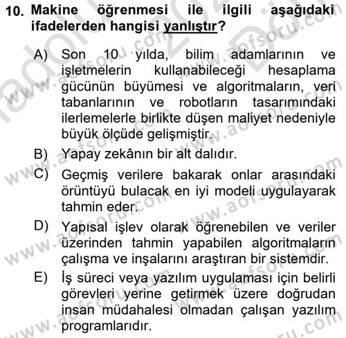 Bilişim Sistemleri Dersi 2021 - 2022 Yılı (Final) Dönem Sonu Sınav Soruları 10. Soru