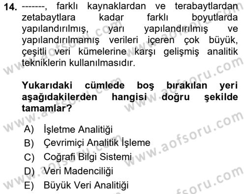 Bilişim Sistemleri Dersi 2021 - 2022 Yılı (Final) Dönem Sonu Sınav Soruları 14. Soru