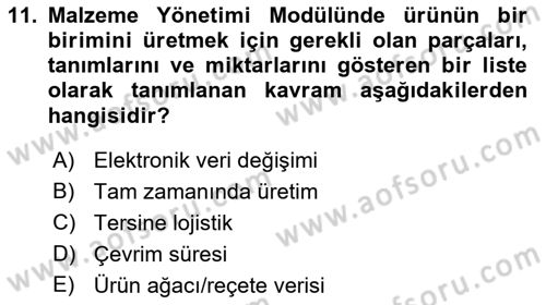 Bilişim Sistemleri Dersi 2021 - 2022 Yılı Yaz Okulu Sınav Soruları 11. Soru