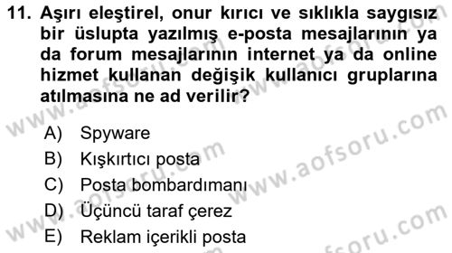Bilişim Sistemleri Dersi Ara Sınavı Deneme Sınav Soruları 11. Soru