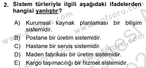 Bilişim Sistemleri Dersi Ara Sınavı Deneme Sınav Soruları 2. Soru