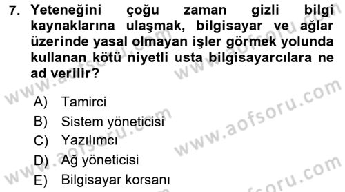 Bilişim Sistemleri Dersi 2022 - 2023 Yılı Yaz Okulu Sınav Soruları 7. Soru