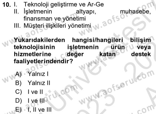 Bilişim Sistemleri Dersi 2023 - 2024 Yılı (Vize) Ara Sınav Soruları 10. Soru