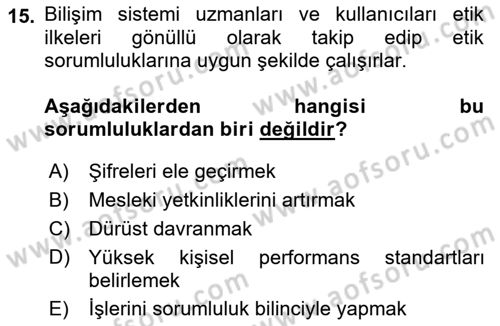 Bilişim Sistemleri Dersi Ara Sınavı Deneme Sınav Soruları 15. Soru
