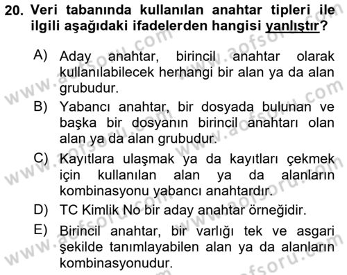 Bilişim Sistemleri Dersi 2023 - 2024 Yılı (Final) Dönem Sonu Sınav Soruları 20. Soru