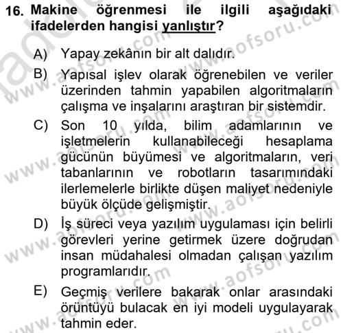 Bilişim Sistemleri Dersi 2024 - 2025 Yılı Yaz Okulu Sınav Soruları 16. Soru