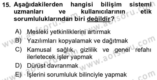 Bilişim Sistemleri Dersi 2025 - 2026 Yılı (Vize) Ara Sınav Soruları 15. Soru
