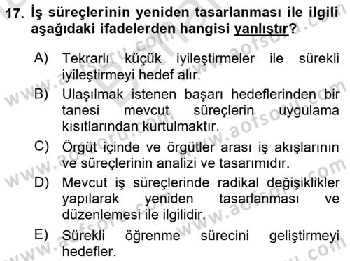 İş Süreçleri Yönetimi Dersi 2024 - 2025 Yılı (Final) Dönem Sonu Sınav Soruları 17. Soru