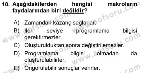 İşlem Tablosu Programlama Dersi Ara Sınavı Deneme Sınav Soruları 10. Soru