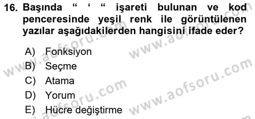 İşlem Tablosu Programlama Dersi Ara Sınavı Deneme Sınav Soruları 16. Soru