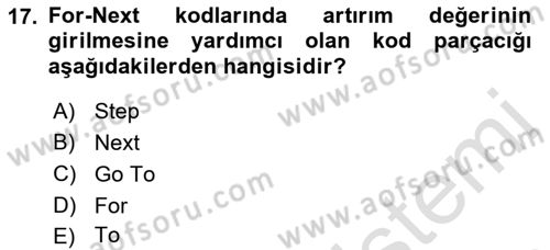 İşlem Tablosu Programlama Dersi Ara Sınavı Deneme Sınav Soruları 17. Soru