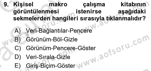 İşlem Tablosu Programlama Dersi 2017 - 2018 Yılı (Vize) Ara Sınav Soruları 9. Soru