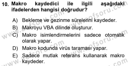 İşlem Tablosu Programlama Dersi Ara Sınavı Deneme Sınav Soruları 10. Soru