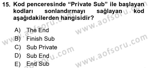 İşlem Tablosu Programlama Dersi Ara Sınavı Deneme Sınav Soruları 15. Soru