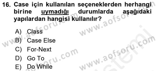 İşlem Tablosu Programlama Dersi Ara Sınavı Deneme Sınav Soruları 16. Soru