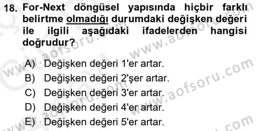 İşlem Tablosu Programlama Dersi Ara Sınavı Deneme Sınav Soruları 18. Soru