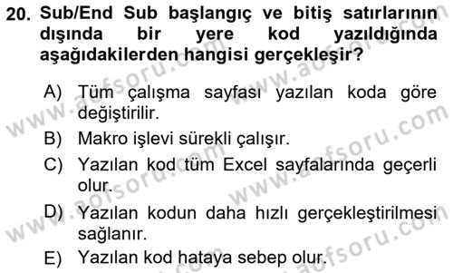 İşlem Tablosu Programlama Dersi Ara Sınavı Deneme Sınav Soruları 20. Soru