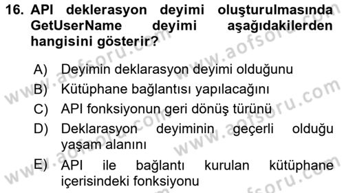 İşlem Tablosu Programlama Dersi 2018 - 2019 Yılı (Final) Dönem Sonu Sınav Soruları 16. Soru