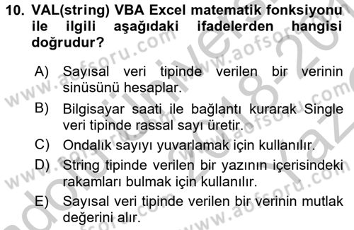 İşlem Tablosu Programlama Dersi 2018 - 2019 Yılı Yaz Okulu Sınavı 10. Soru