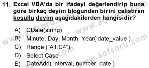 İşlem Tablosu Programlama Dersi 2018 - 2019 Yılı Yaz Okulu Sınavı 11. Soru