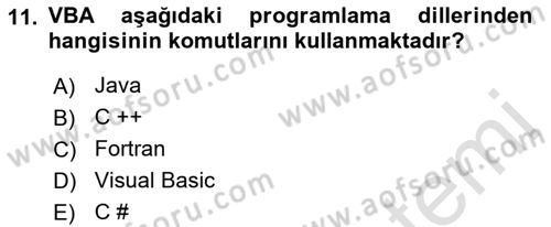 İşlem Tablosu Programlama Dersi Ara Sınavı Deneme Sınav Soruları 11. Soru