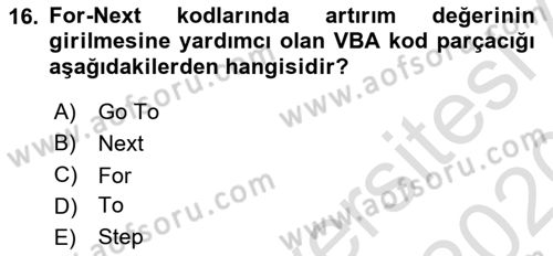 İşlem Tablosu Programlama Dersi Ara Sınavı Deneme Sınav Soruları 16. Soru