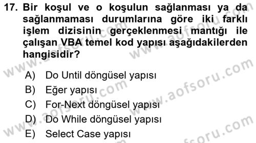 İşlem Tablosu Programlama Dersi Ara Sınavı Deneme Sınav Soruları 17. Soru
