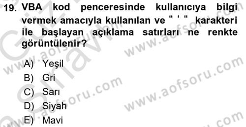 İşlem Tablosu Programlama Dersi Ara Sınavı Deneme Sınav Soruları 19. Soru