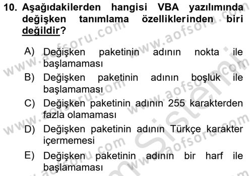 İşlem Tablosu Programlama Dersi 2020 - 2021 Yılı Yaz Okulu Sınavı 10. Soru