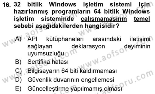 İşlem Tablosu Programlama Dersi 2020 - 2021 Yılı Yaz Okulu Sınavı 16. Soru