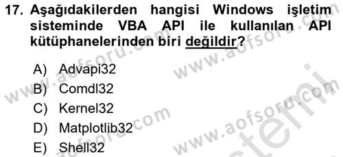 İşlem Tablosu Programlama Dersi 2020 - 2021 Yılı Yaz Okulu Sınavı 17. Soru