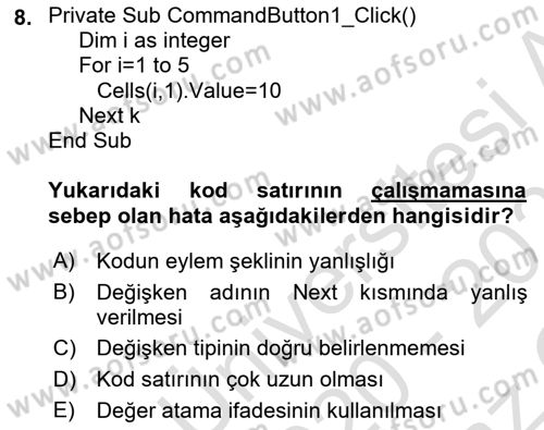 İşlem Tablosu Programlama Dersi 2020 - 2021 Yılı Yaz Okulu Sınavı 8. Soru