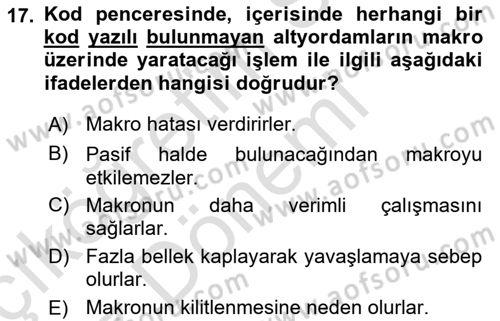 İşlem Tablosu Programlama Dersi 2021 - 2022 Yılı (Vize) Ara Sınav Soruları 17. Soru