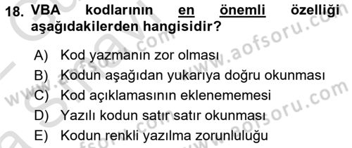 İşlem Tablosu Programlama Dersi Ara Sınavı Deneme Sınav Soruları 18. Soru